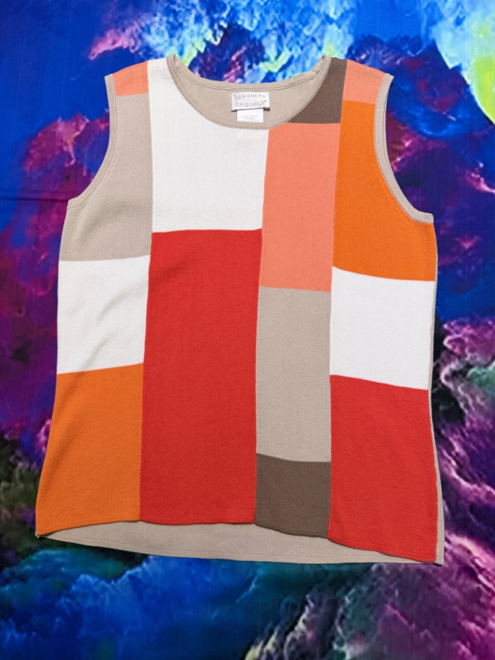 Vtg. Designers Originals Orange, Beige, White Colorblock Knit Tank Top Vest